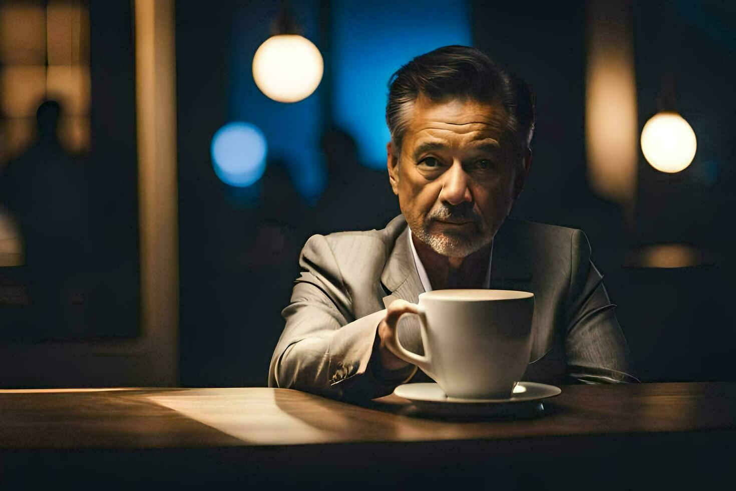 uma homem dentro uma terno segurando uma café copo. gerado por IA foto