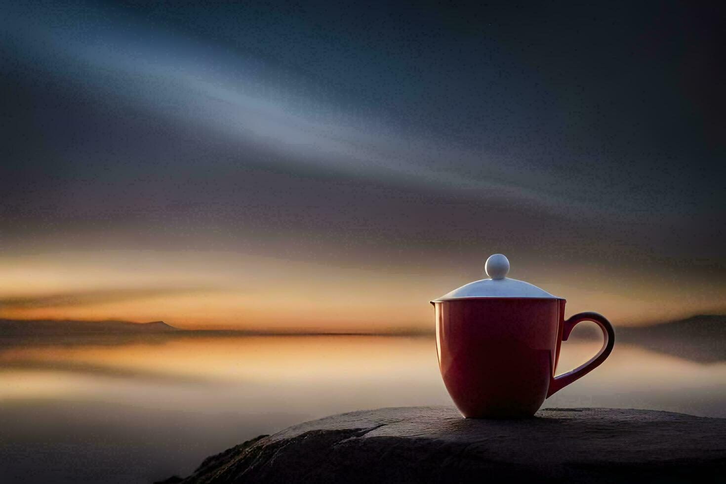 uma vermelho café copo senta em uma Rocha negligenciar a oceano. gerado por IA foto