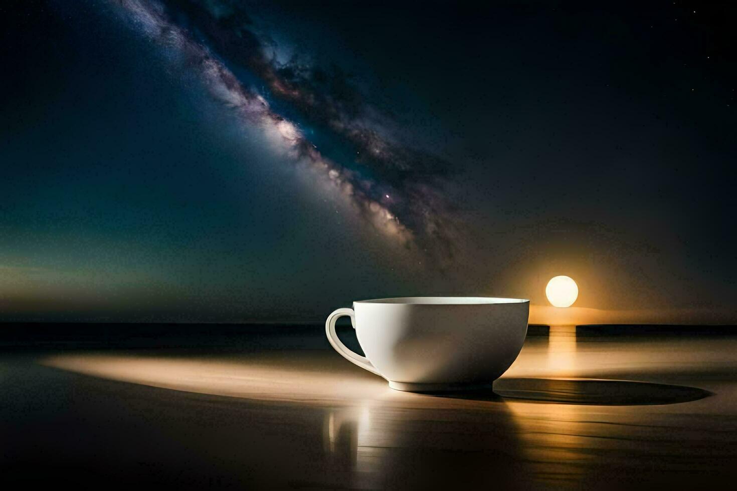 uma copo do café em a de praia. gerado por IA foto