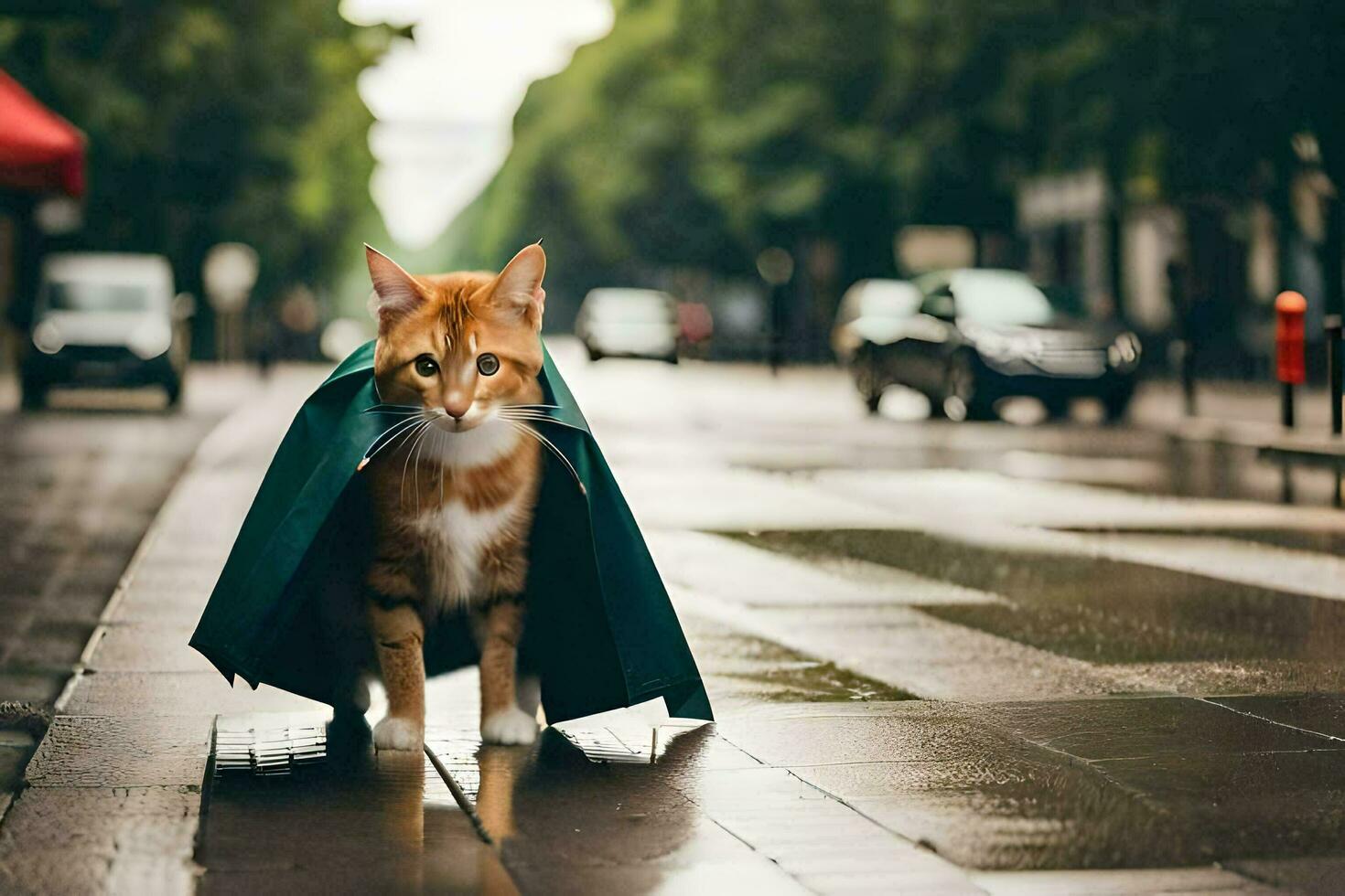 a laranja gato vestindo uma verde capa em uma chuvoso rua. gerado por IA foto