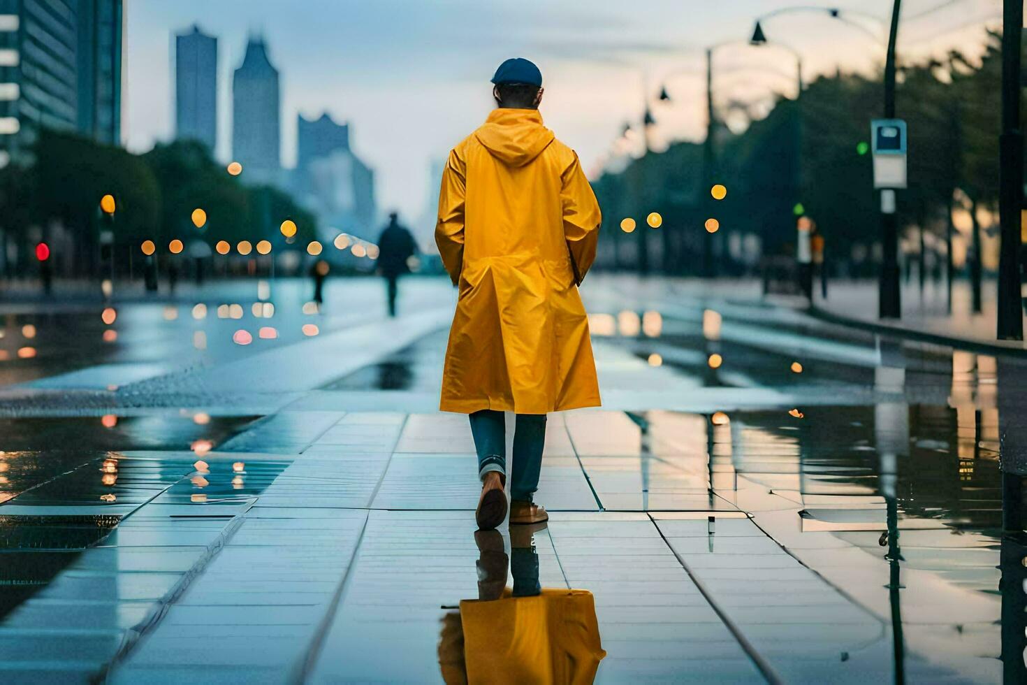 uma homem dentro uma amarelo capa de chuva caminhando em uma molhado rua. gerado por IA foto