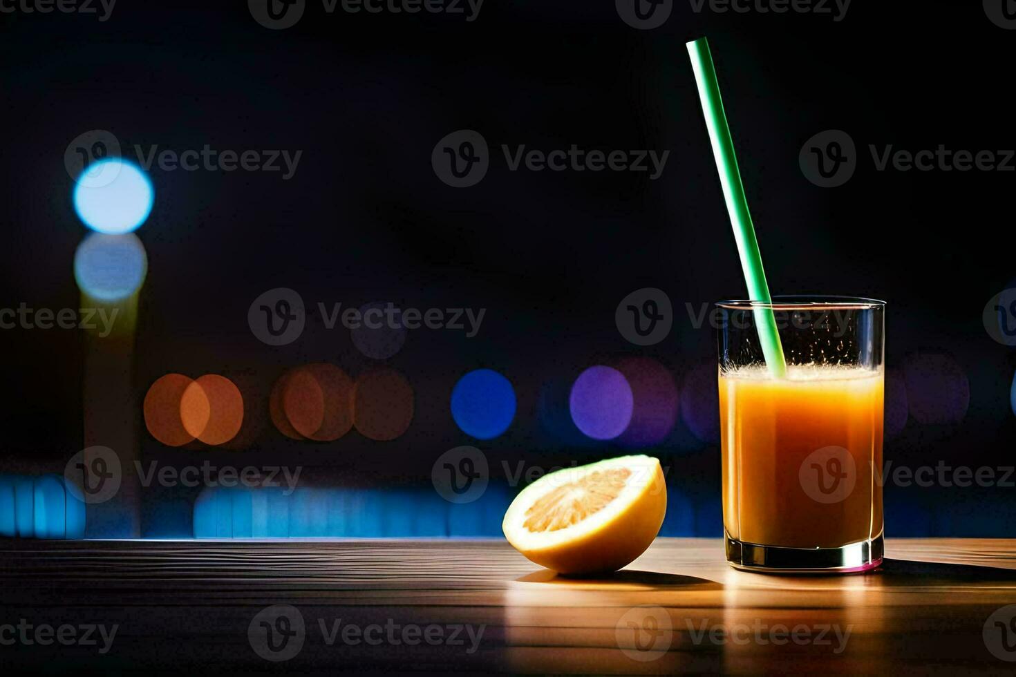 uma vidro do laranja suco com uma Palha em uma de madeira mesa. gerado por IA foto