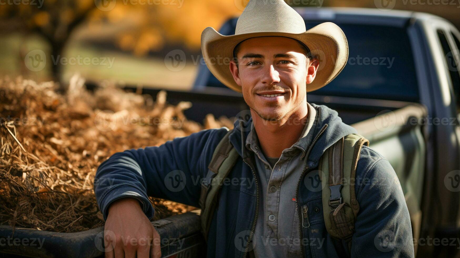 jovem adulto masculino agricultor vestindo vaqueiro chapéu em pé perto dele caminhão dentro a país - generativo ai foto