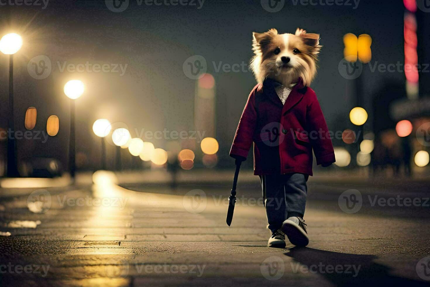 uma cachorro dentro uma vermelho casaco caminhando baixa a rua às noite. gerado por IA foto