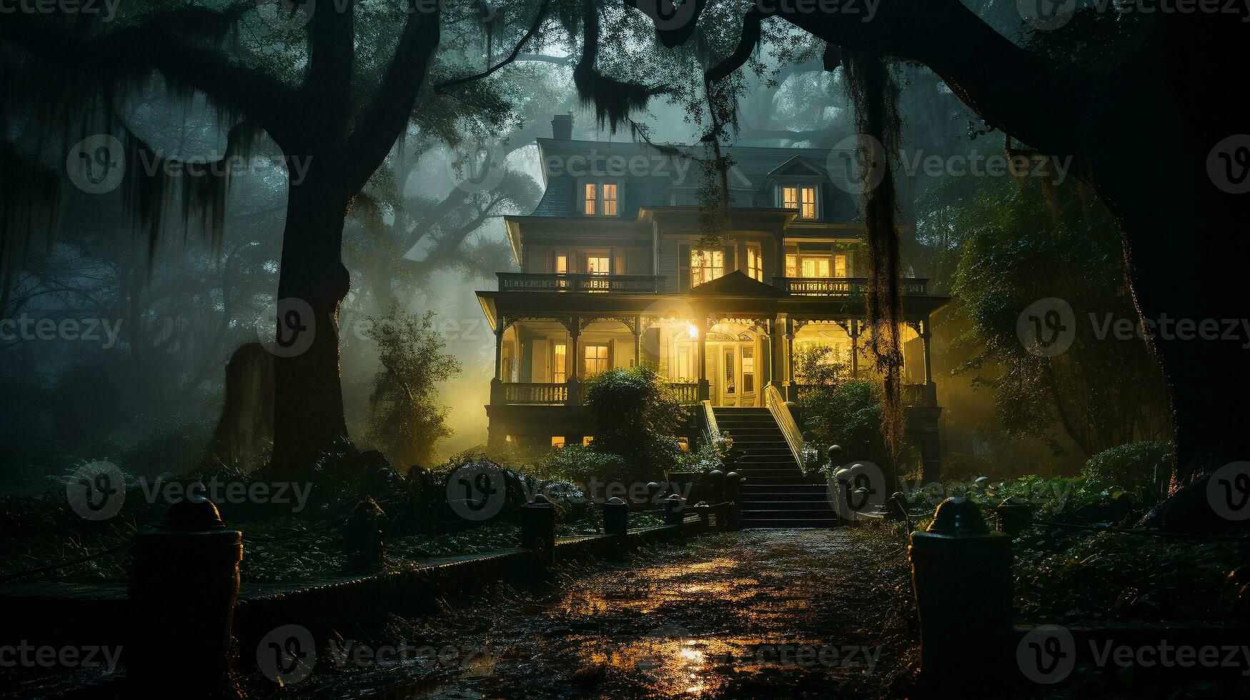 dia das Bruxas assombrada mansão vagamente aceso entre a nebuloso árvores - generativo ai. foto