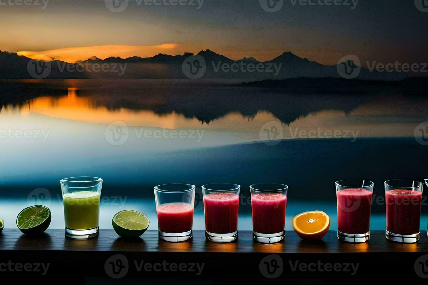 foto papel de parede a céu, lago, montanhas, pôr do sol, a montanhas, lago, suco, fruta. gerado por IA