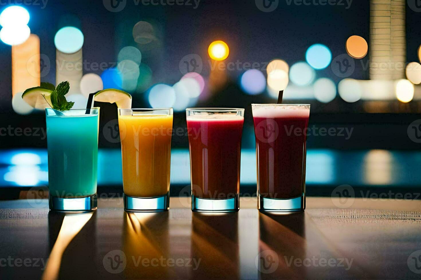 quatro diferente colori bebidas estão forrado acima em uma mesa. gerado por IA foto