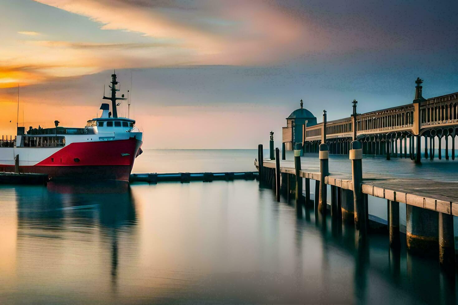 uma vermelho e branco barco ancorado às uma cais. gerado por IA foto