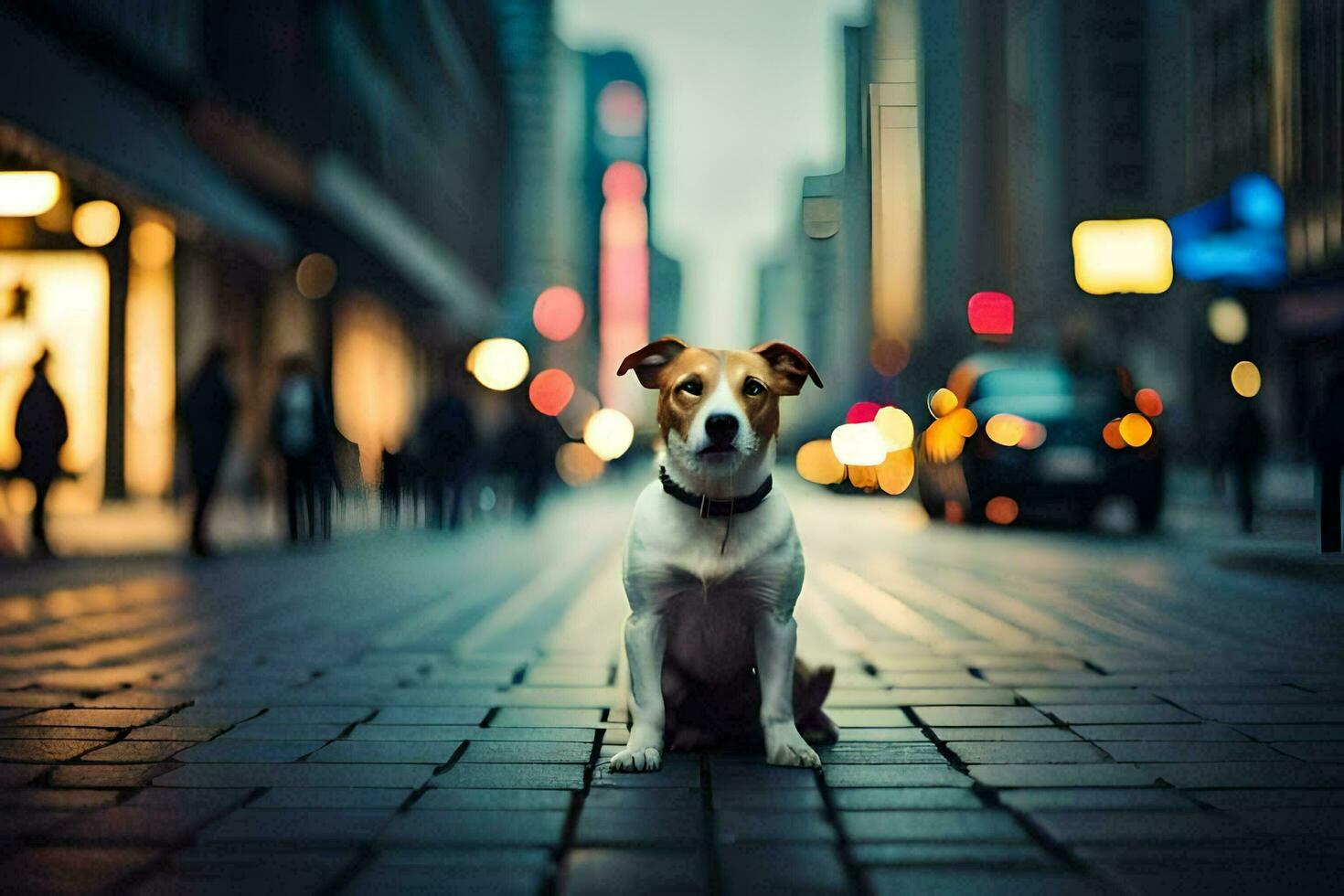 uma cachorro sentado em a rua dentro uma cidade. gerado por IA foto