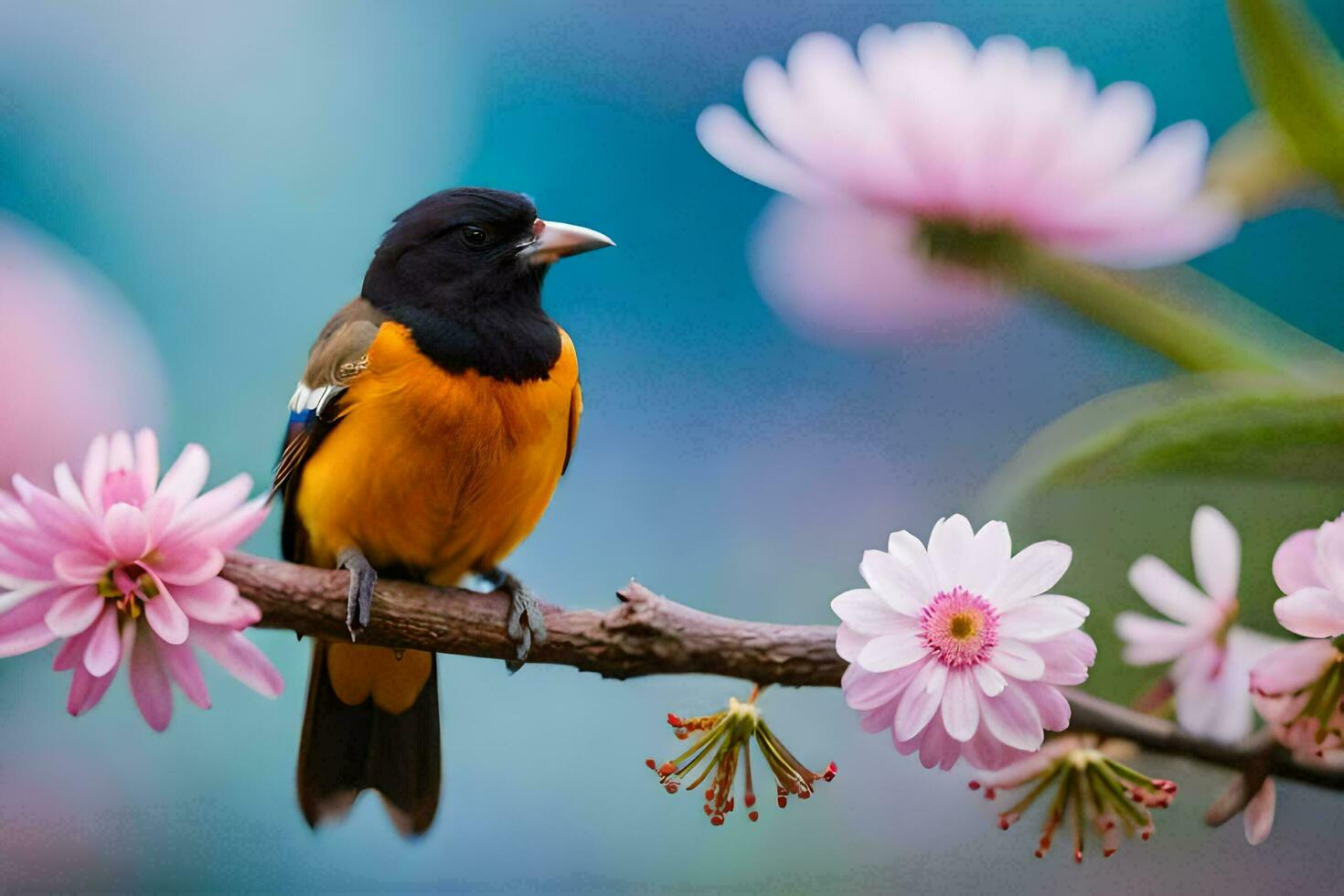 uma pássaro senta em uma ramo com Rosa flores gerado por IA foto