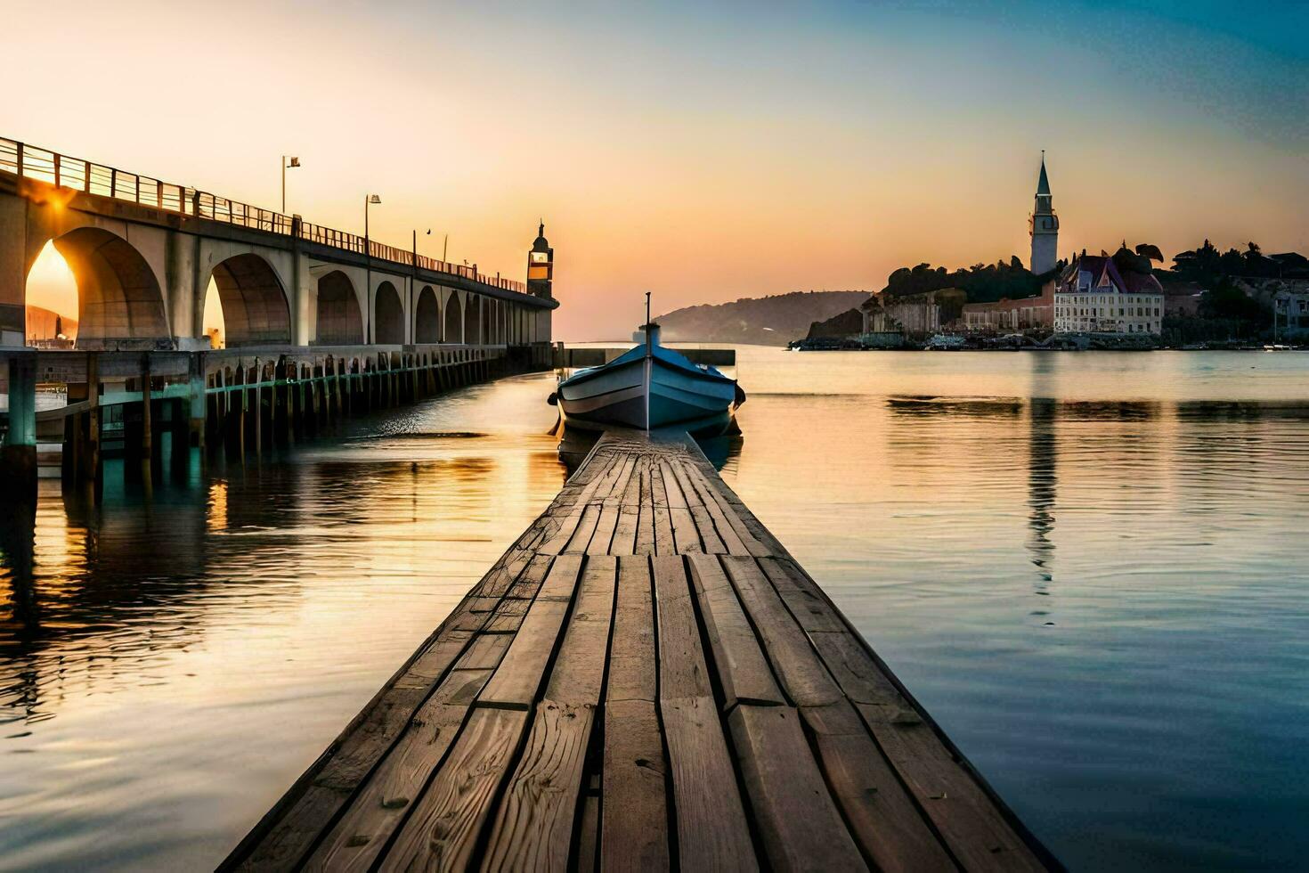 uma barco é ancorado em uma cais às pôr do sol. gerado por IA foto