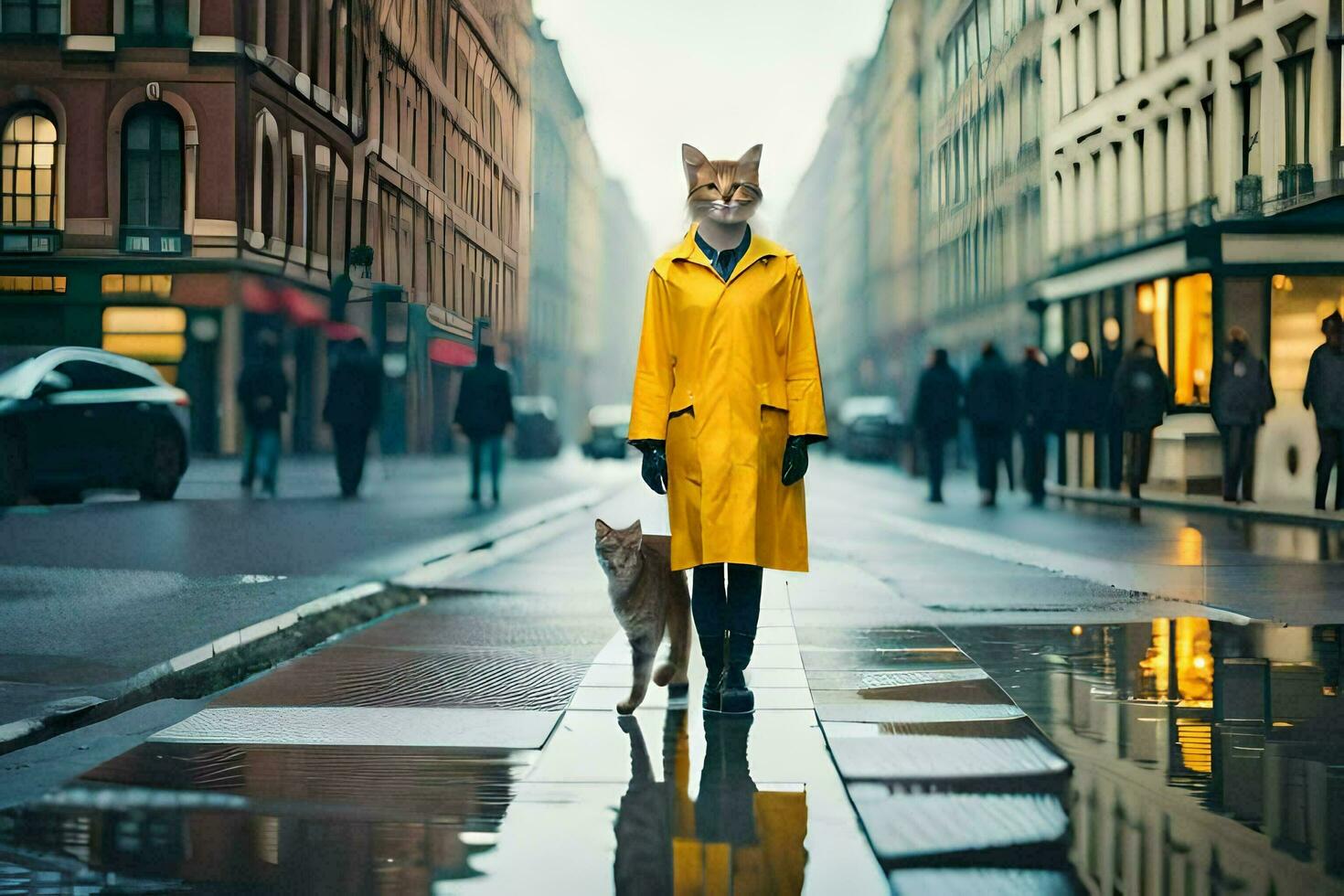 uma mulher dentro uma amarelo capa de chuva e uma cachorro dentro uma amarelo casaco. gerado por IA foto