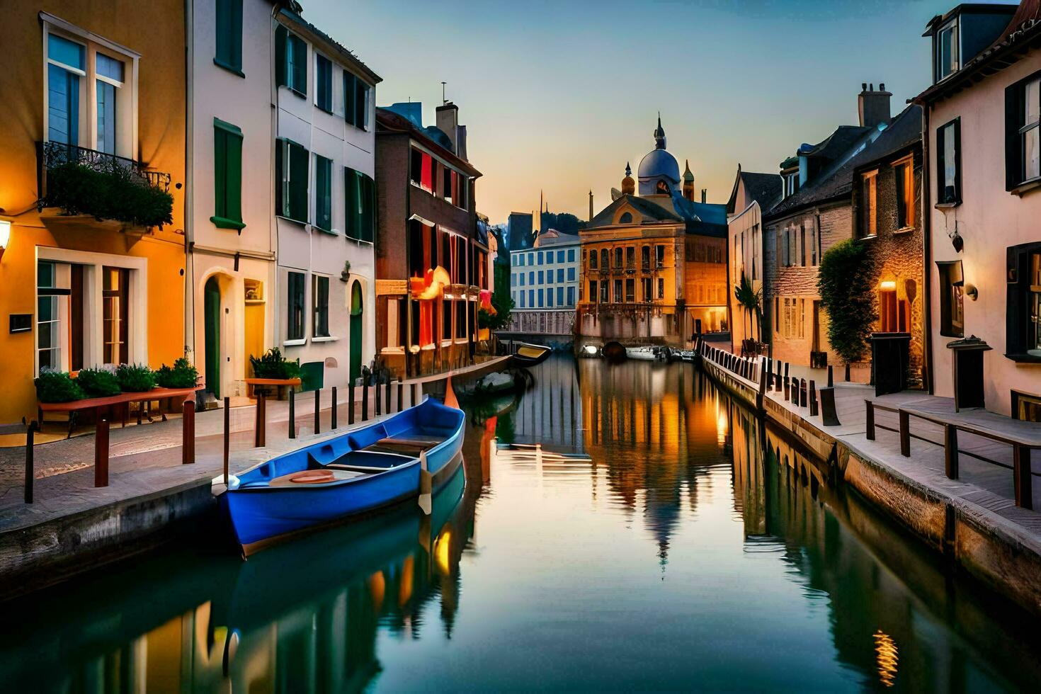 uma canal dentro uma cidade às pôr do sol com barcos. gerado por IA foto