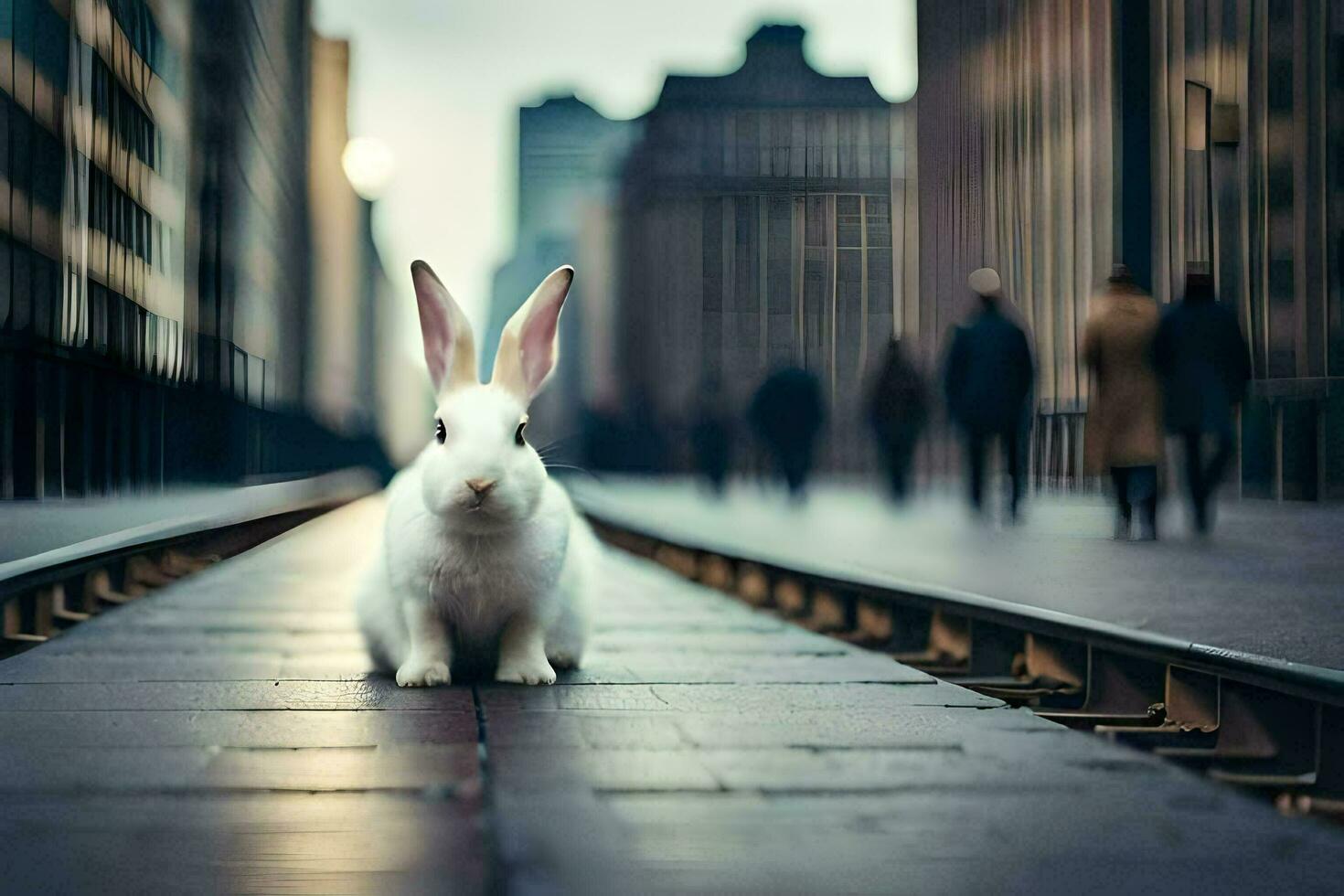 uma branco Coelho é sentado em a faixas dentro uma cidade. gerado por IA foto