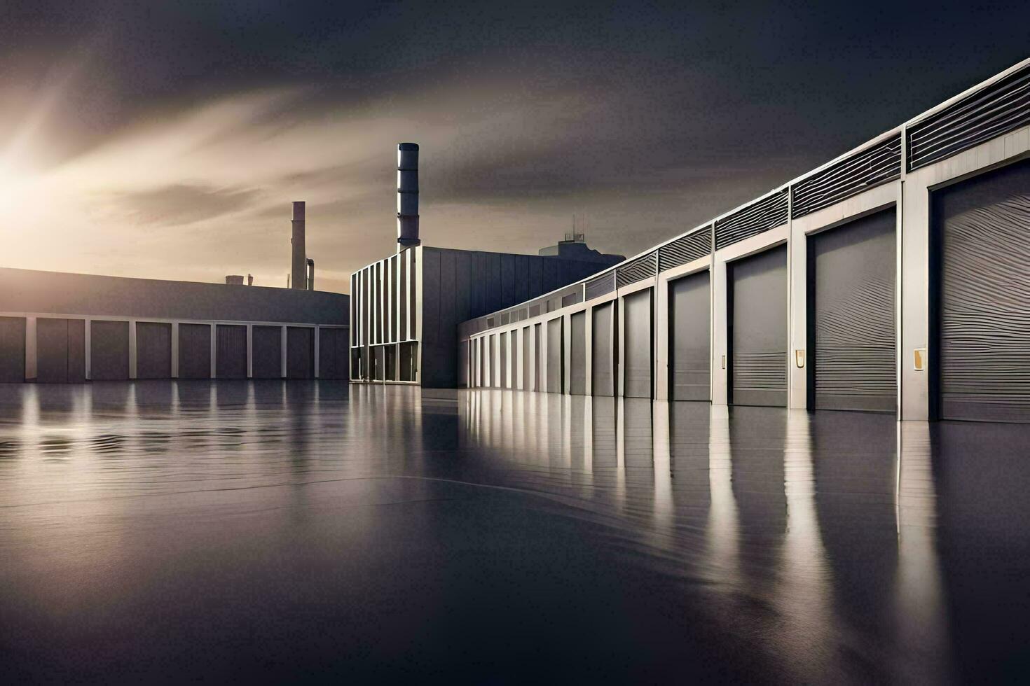 uma armazém com uma ampla construção dentro a fundo. gerado por IA foto