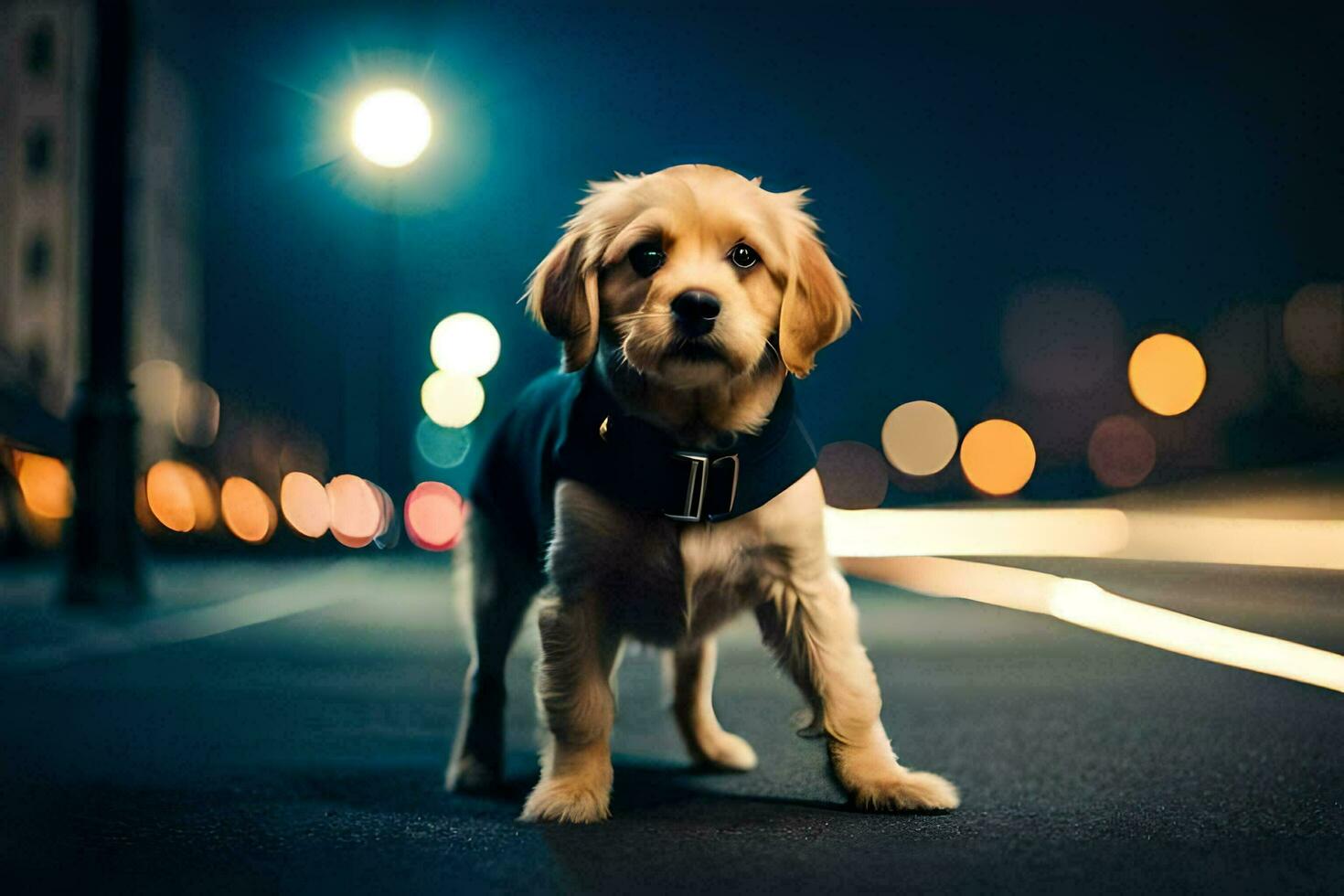 uma cachorro é em pé em a rua às noite. gerado por IA foto
