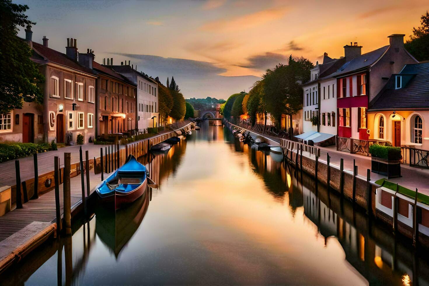 uma canal com barcos dentro a meio do uma cidade. gerado por IA foto