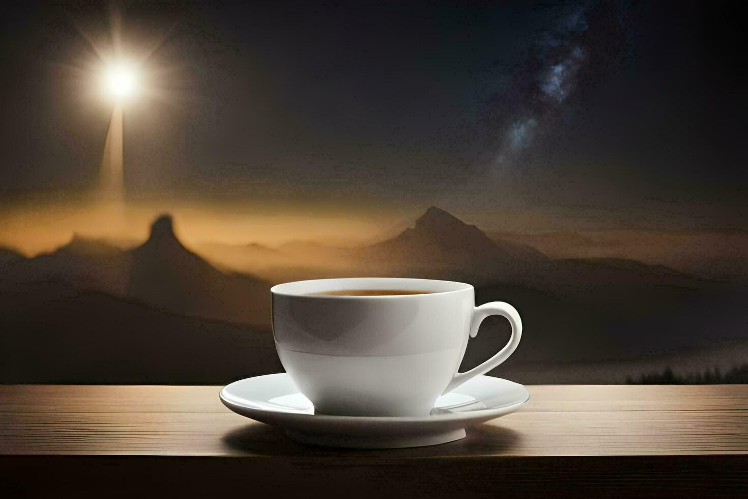 uma copo do café em uma mesa dentro frente do uma montanha visualizar. gerado por IA foto