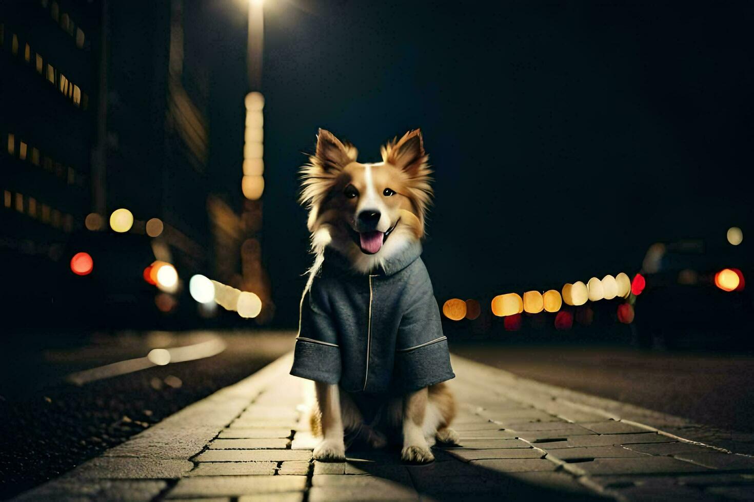 uma cachorro vestindo uma Jaqueta sentado em a rua às noite. gerado por IA foto