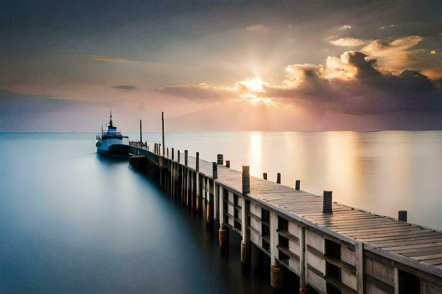 uma barco é ancorado às a fim do uma cais às pôr do sol. gerado por IA foto