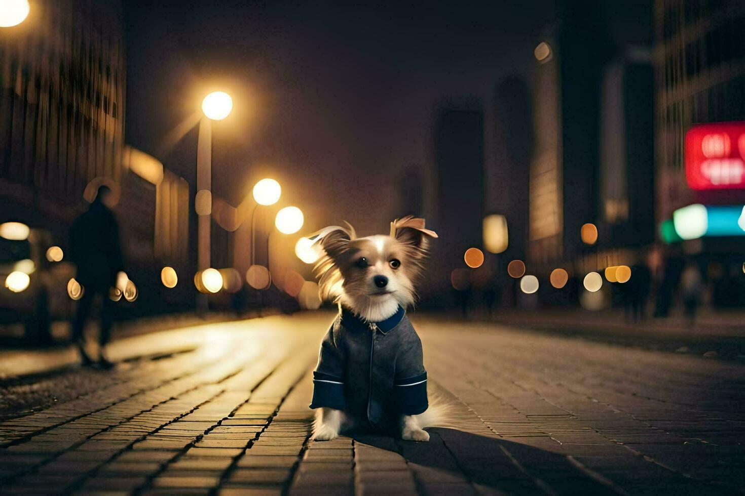 uma cachorro dentro uma Jaqueta em pé em uma rua às noite. gerado por IA foto