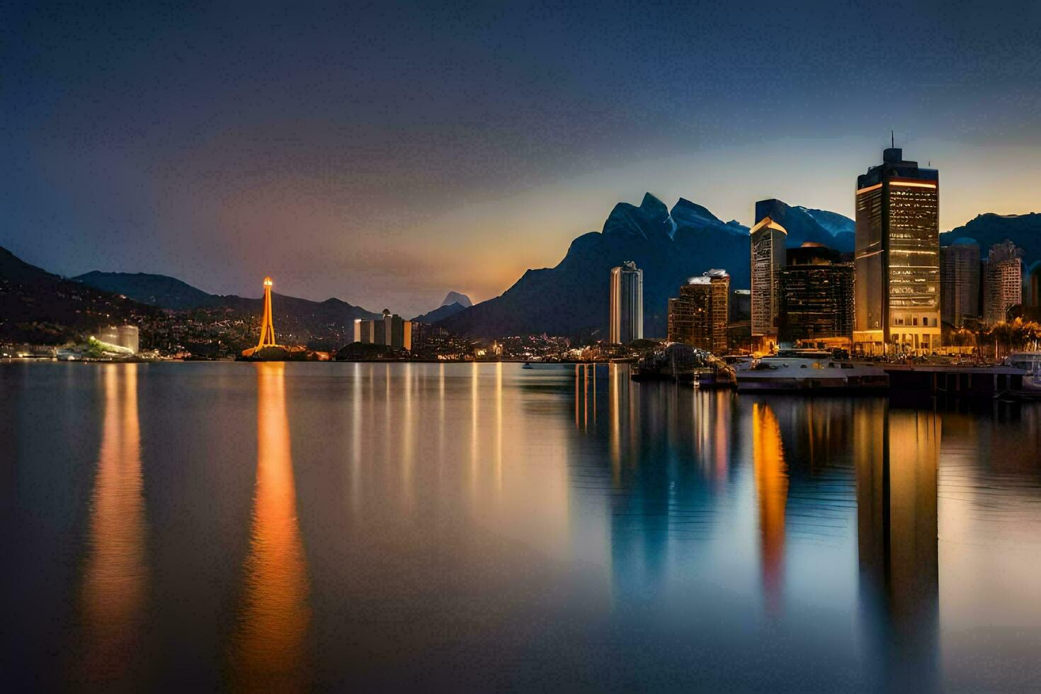 a cidade Horizonte às crepúsculo dentro porto. gerado por IA foto