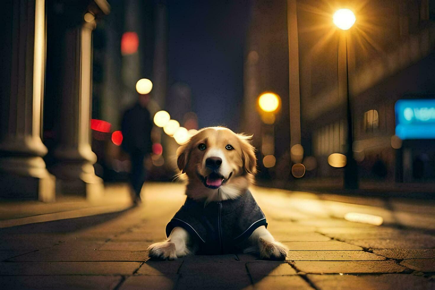 uma cachorro vestindo uma Jaqueta sentado em a rua às noite. gerado por IA foto