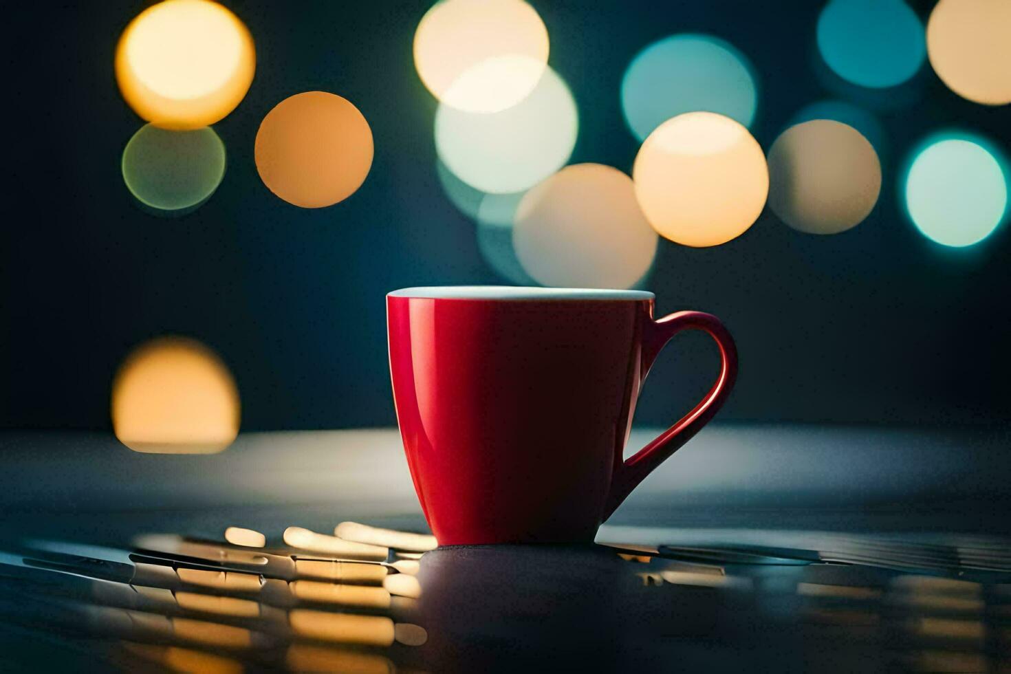 uma vermelho café copo em uma mesa dentro frente do uma borrado fundo. gerado por IA foto