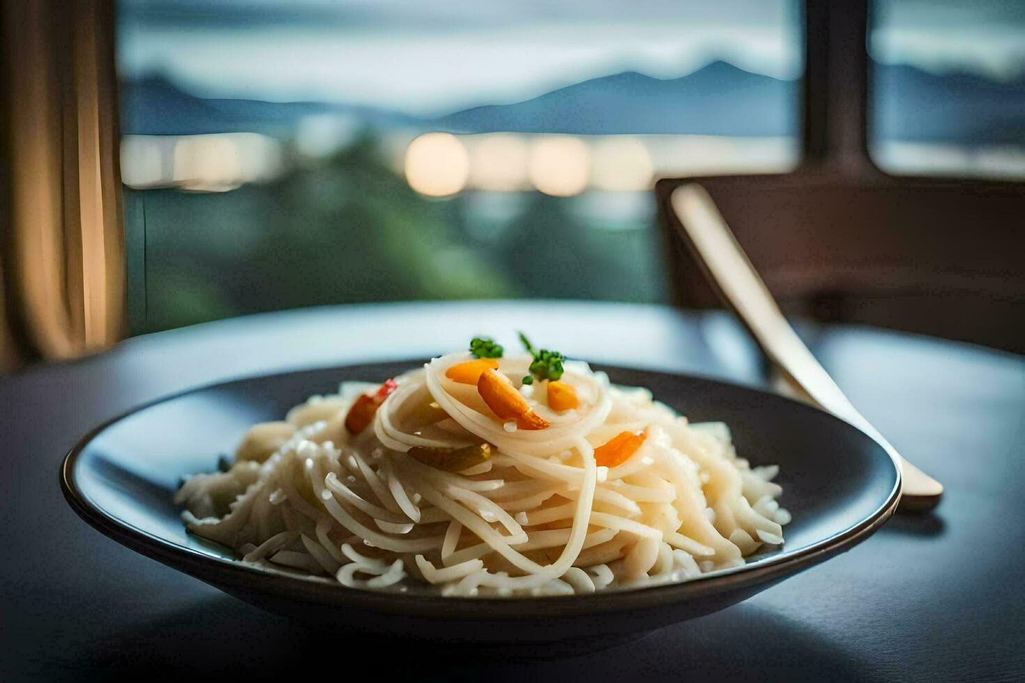 uma prato do Macarrão com cenouras e uma Visão do a montanhas. gerado por IA foto