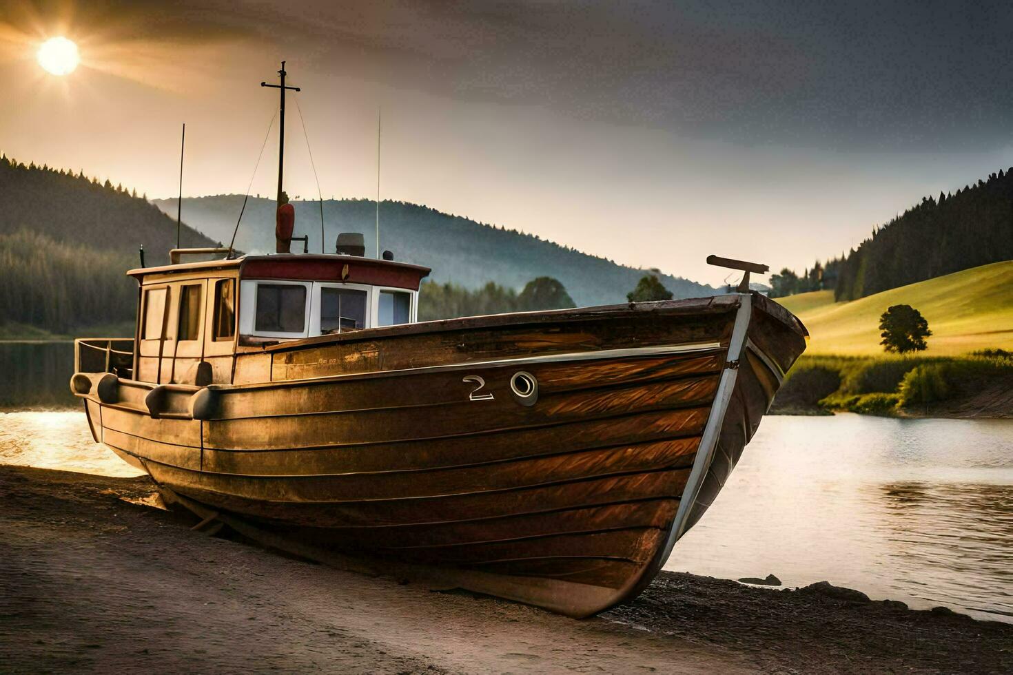 uma barco senta em a costa do uma lago às pôr do sol. gerado por IA foto