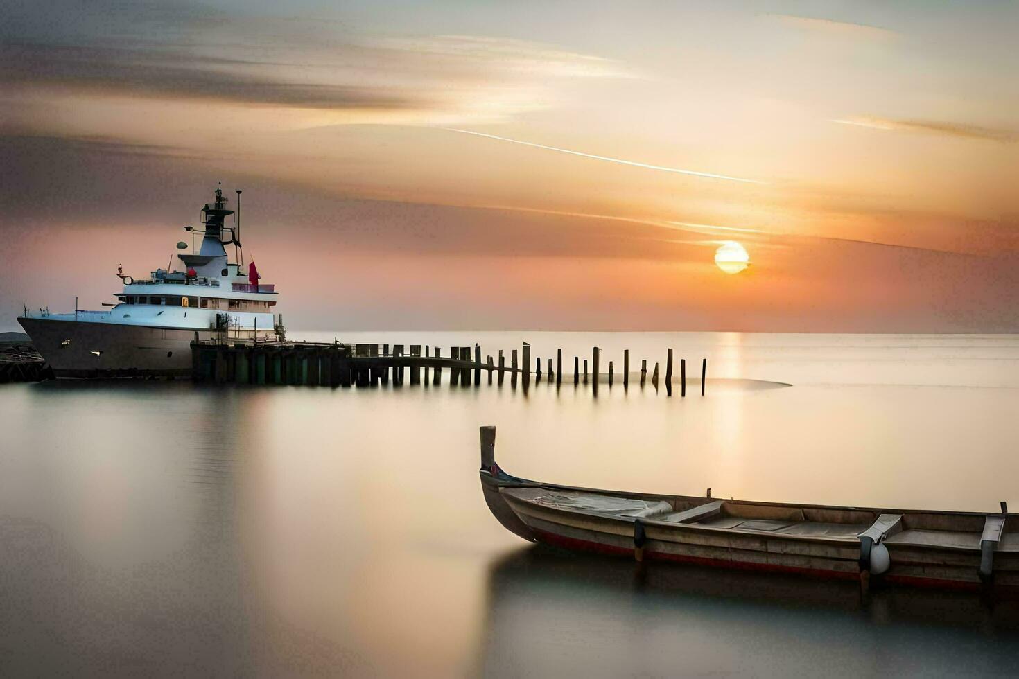 uma barco senta às a doca Como a Sol conjuntos. gerado por IA foto
