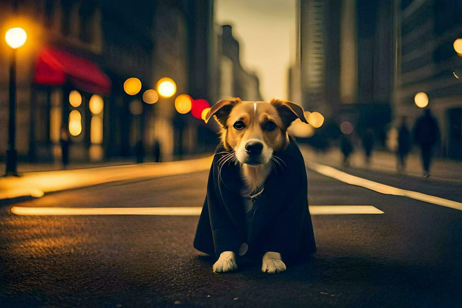 uma cachorro dentro uma casaco sentado em a rua. gerado por IA foto