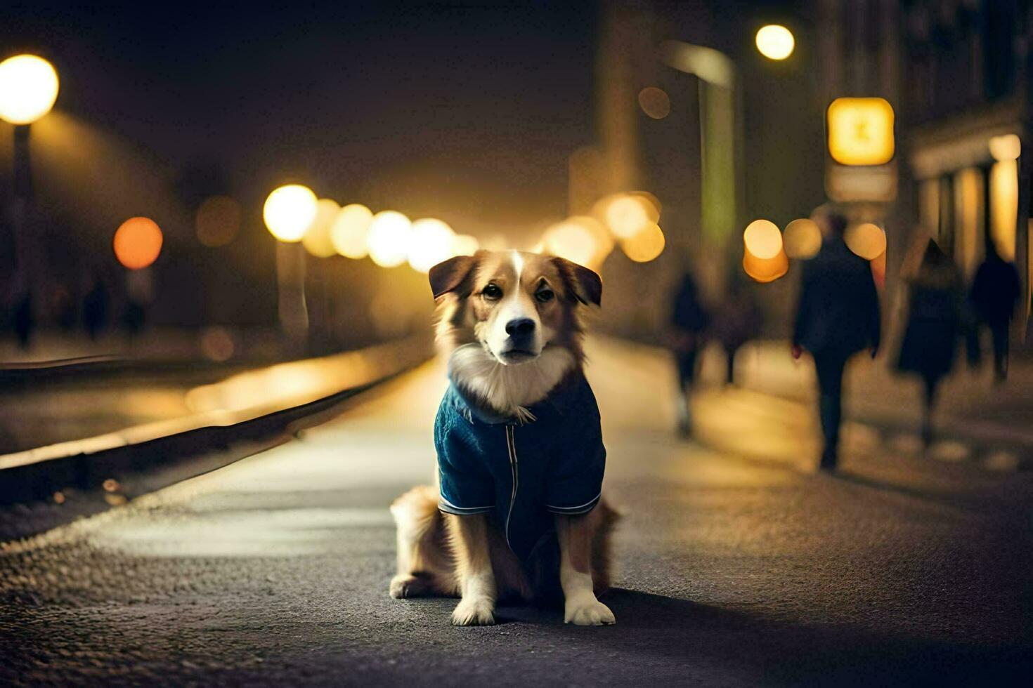 uma cachorro vestindo uma azul camisa sentado em a rua às noite. gerado por IA foto