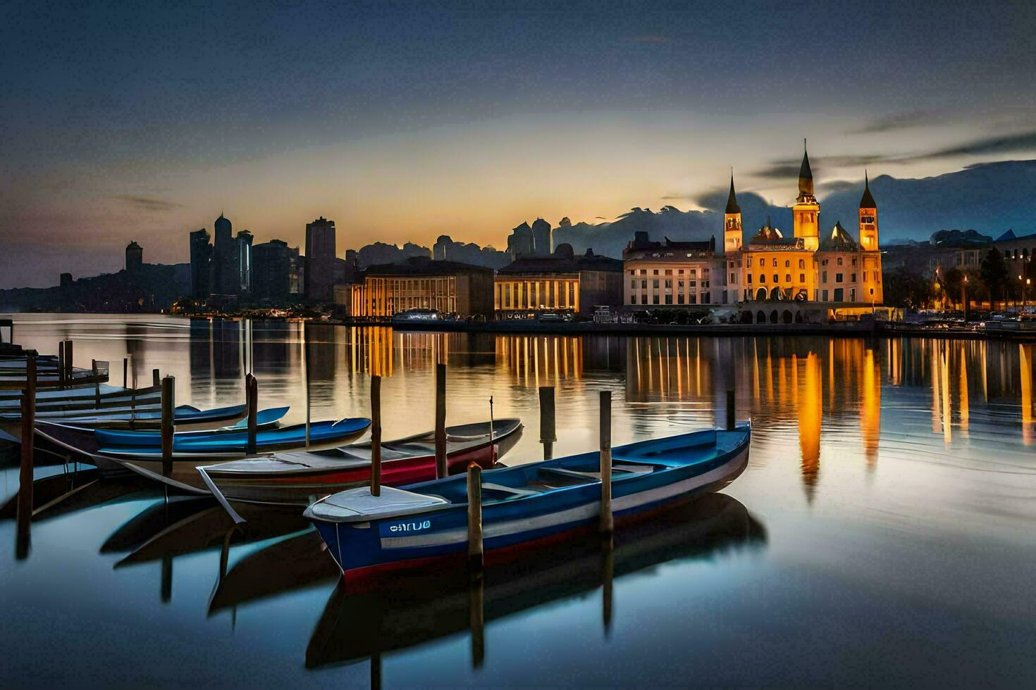 barcos ancorado dentro a água às crepúsculo com uma cidade Horizonte dentro a fundo. gerado por IA foto