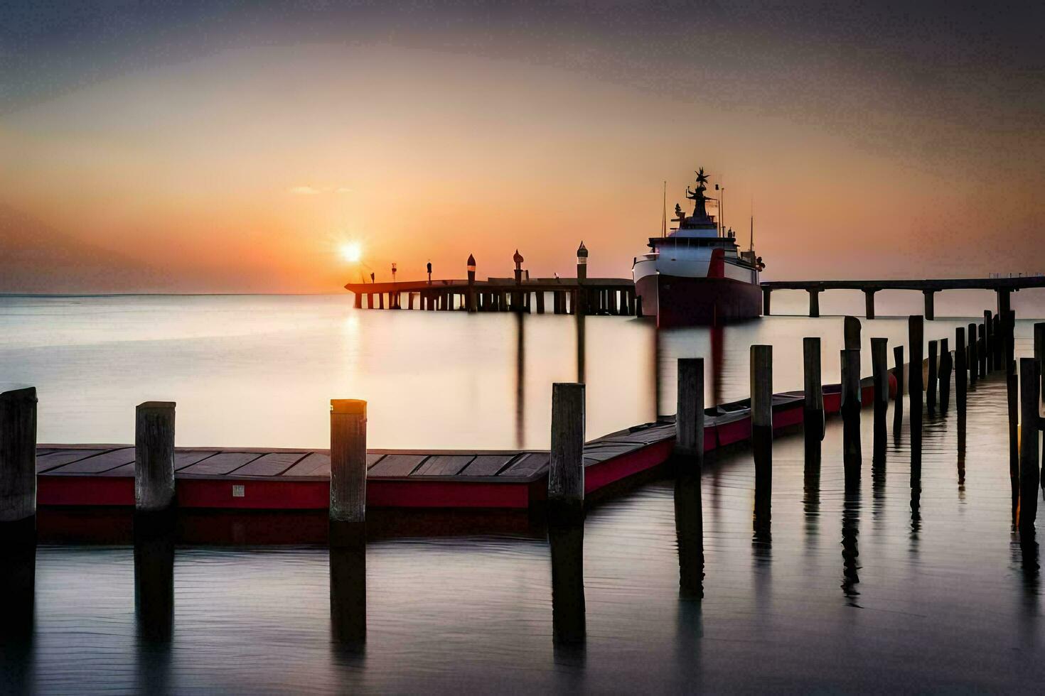 uma barco ancorado às a cais às pôr do sol. gerado por IA foto