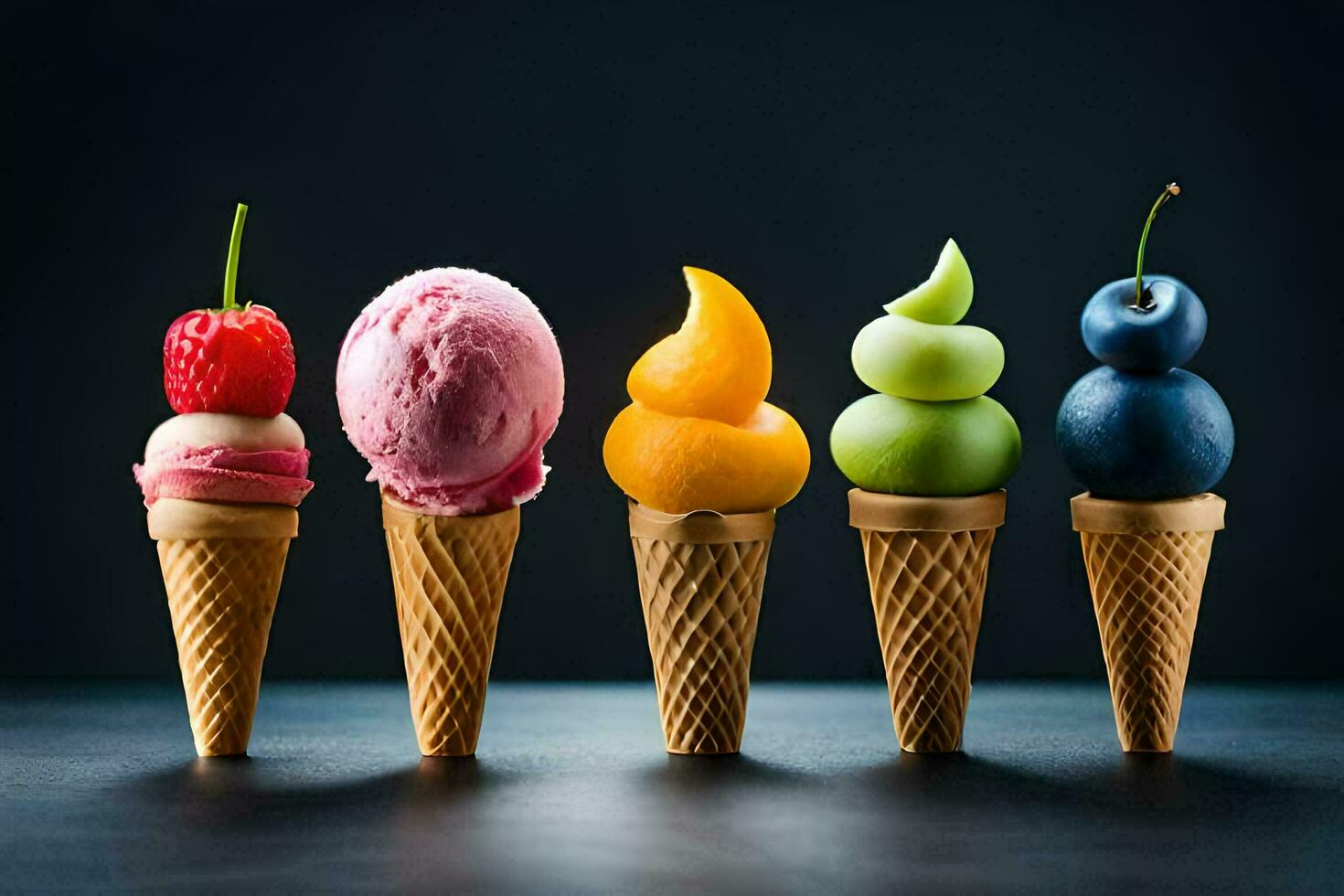 cinco gelo creme cones com diferente sabores. gerado por IA foto