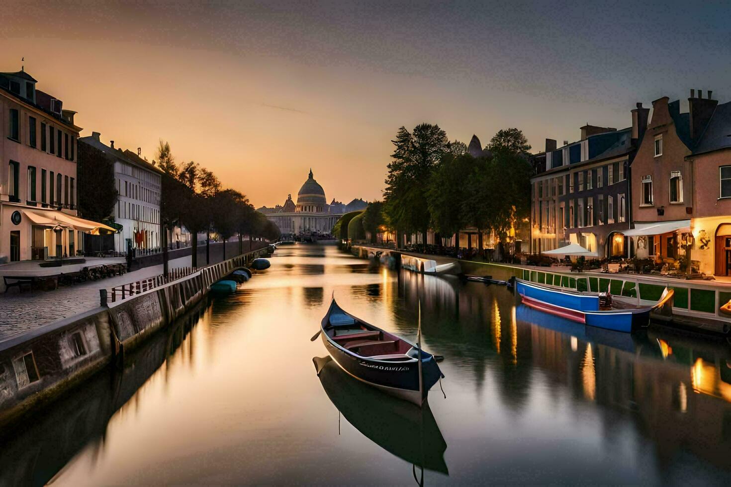 uma barco é ancorado dentro uma canal às pôr do sol. gerado por IA foto