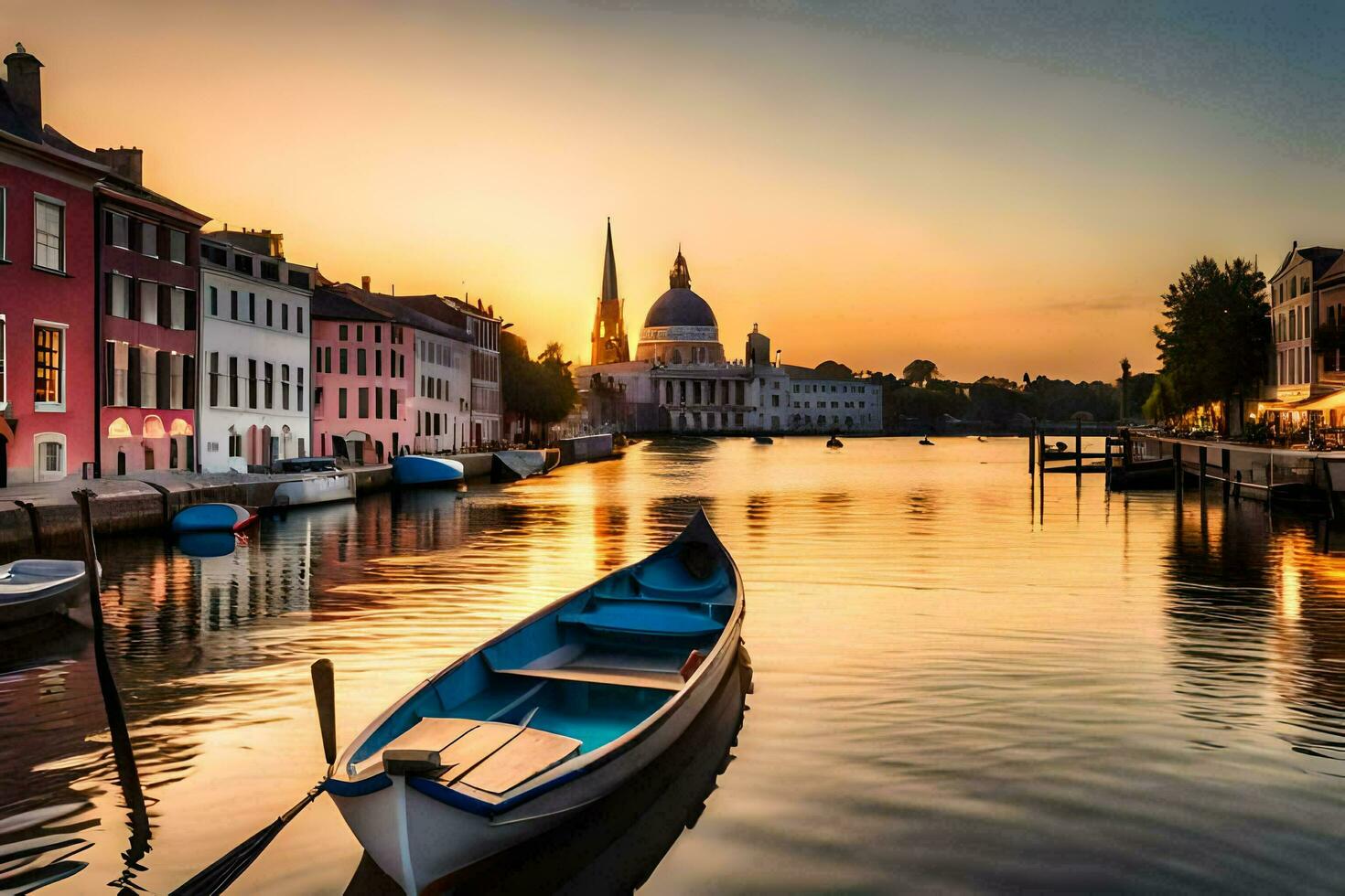 uma barco é ancorado dentro a água às pôr do sol. gerado por IA foto