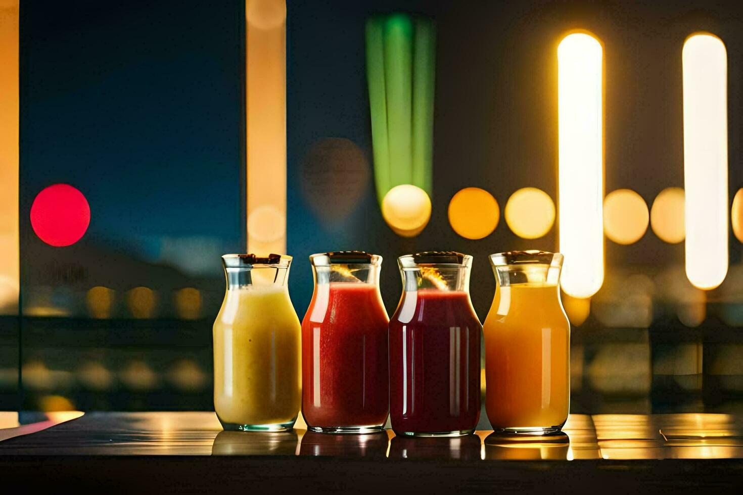 suco dentro garrafas em uma mesa com cidade luzes dentro a fundo. gerado por IA foto