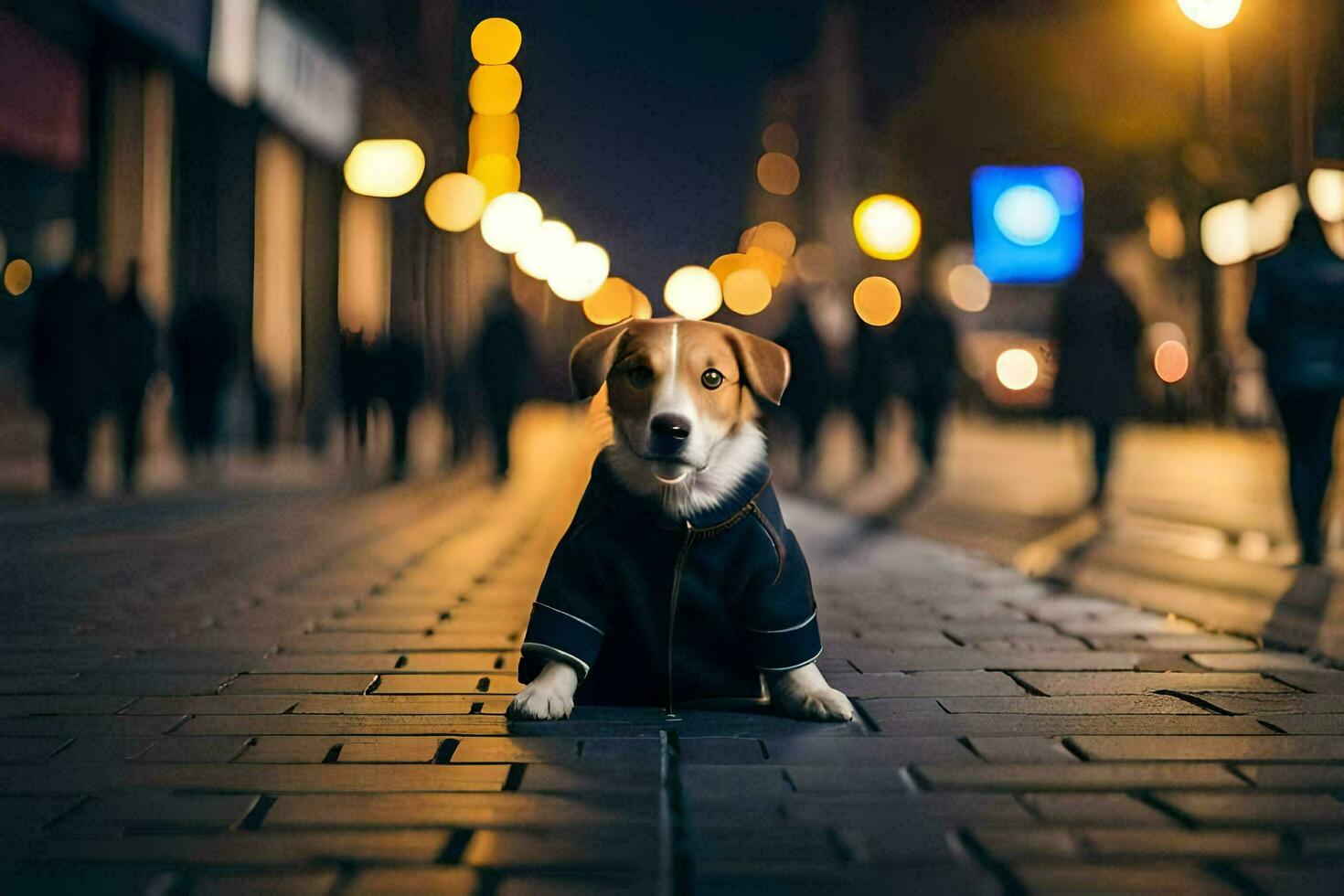 uma cachorro dentro uma casaco sentado em a rua às noite. gerado por IA foto