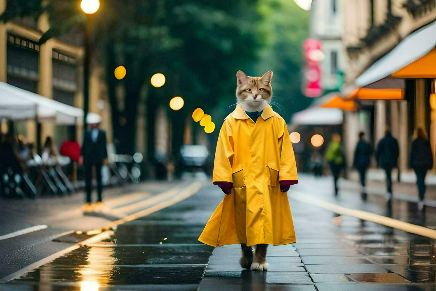 uma gato dentro uma amarelo capa de chuva caminhando baixa uma rua. gerado por IA foto