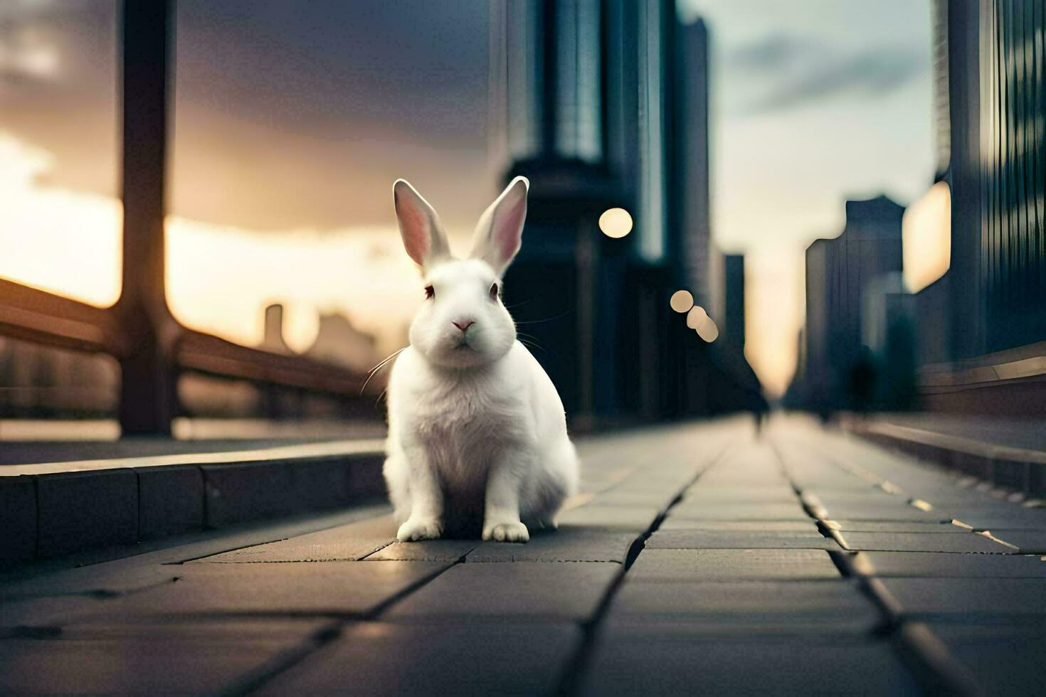 uma branco Coelho é sentado em uma calçada dentro frente do uma cidade. gerado por IA foto