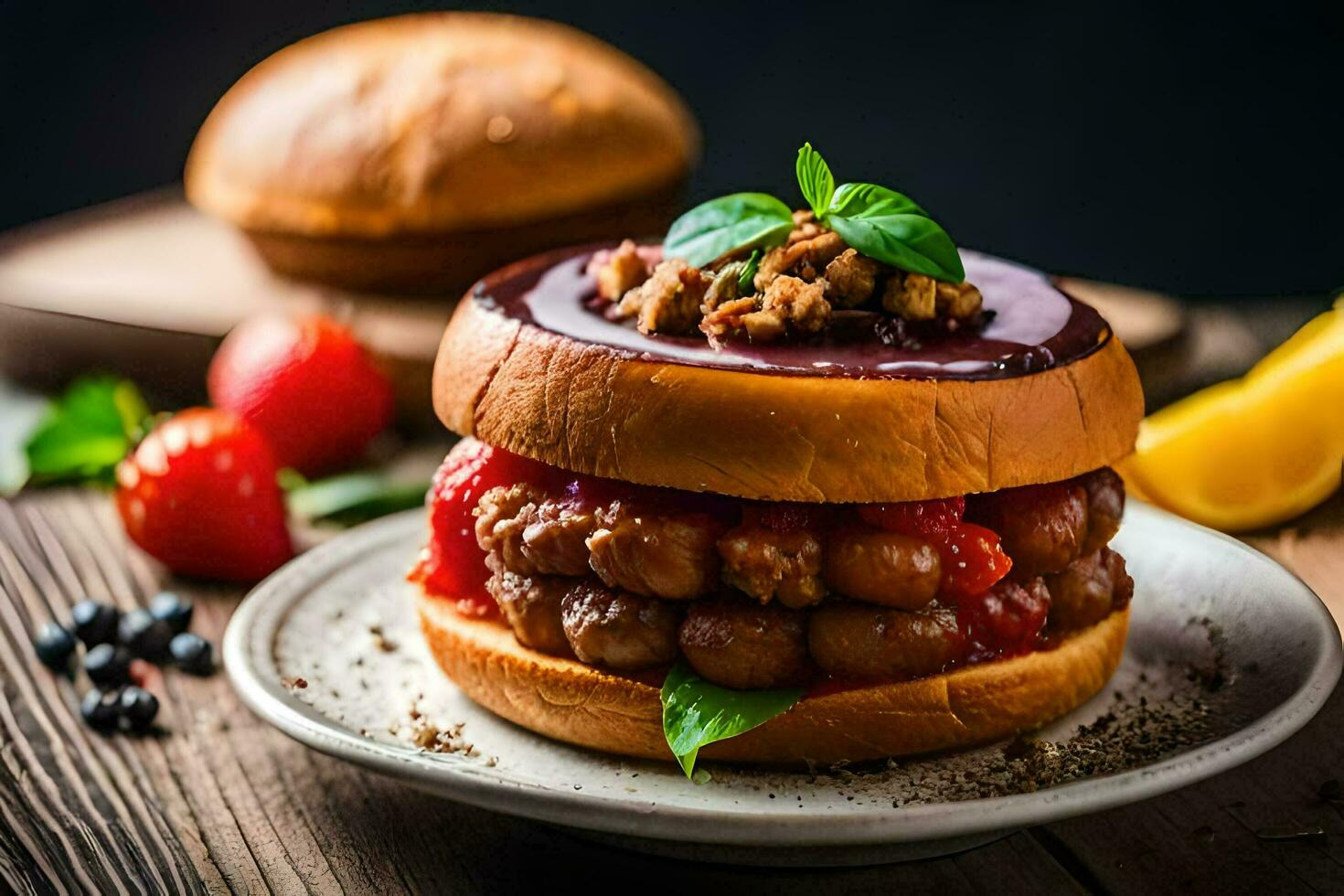 uma Hamburger com bagas e nozes em uma placa. gerado por IA foto