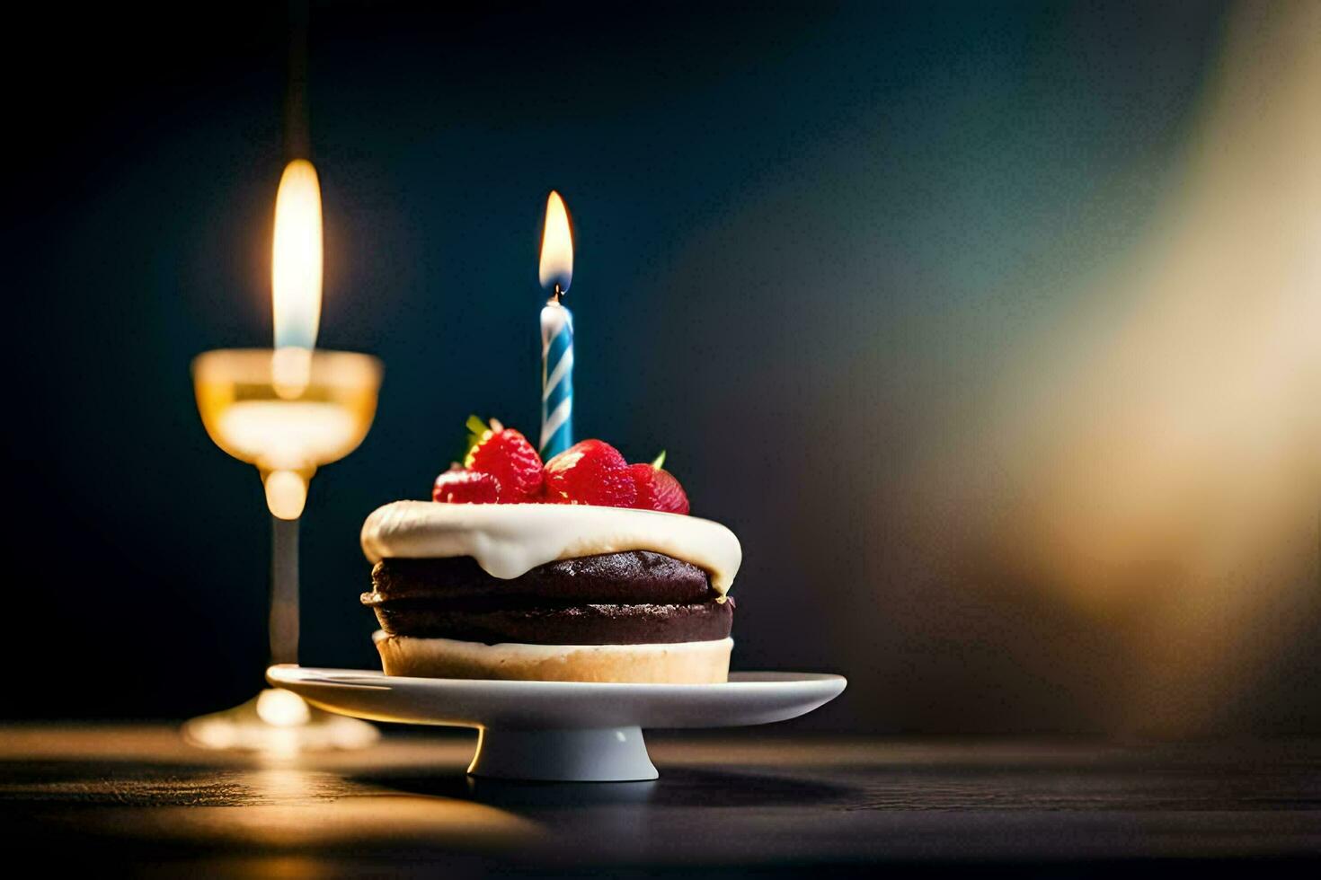 uma chocolate bolo com uma morango em topo e uma vela. gerado por IA foto