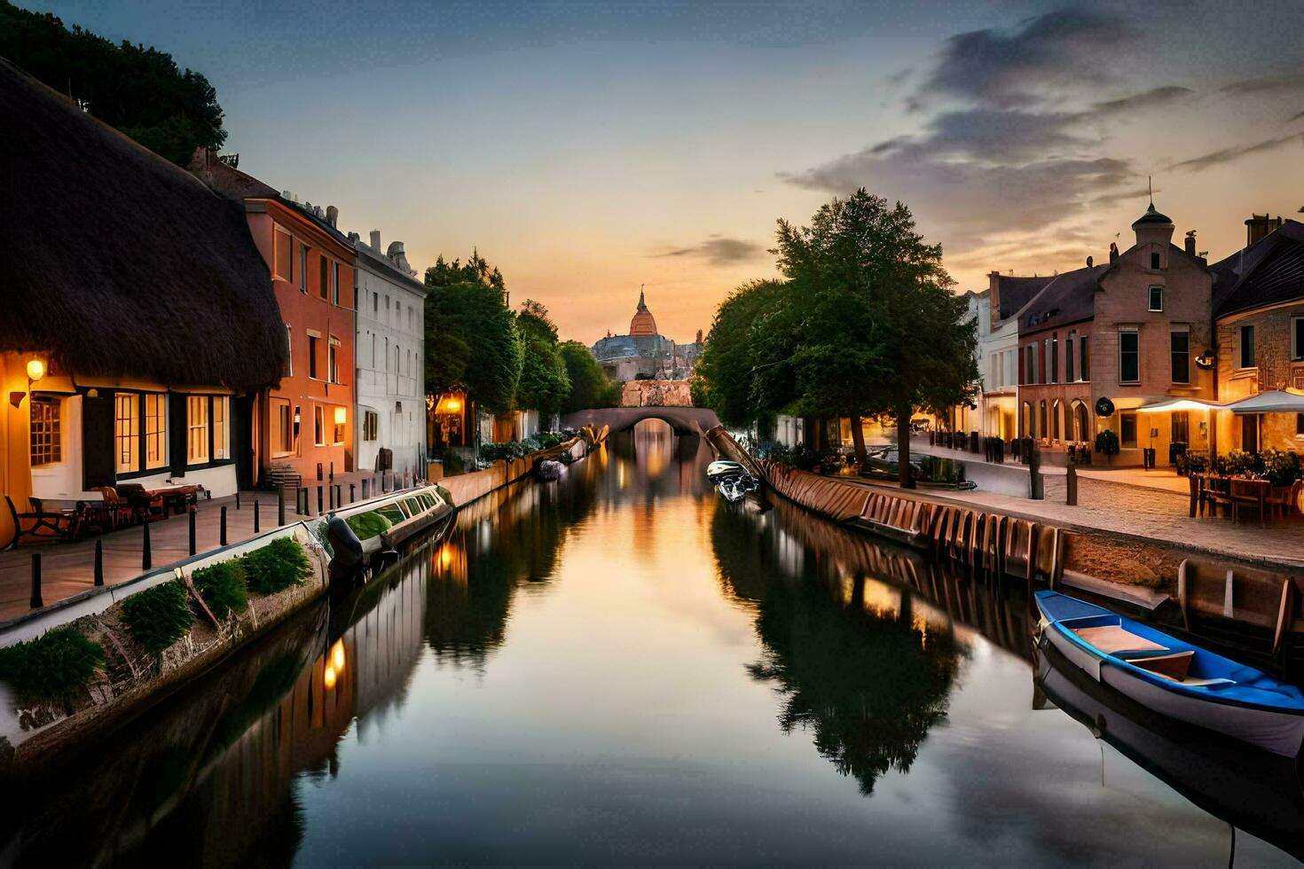 uma canal dentro uma cidade às pôr do sol. gerado por IA foto