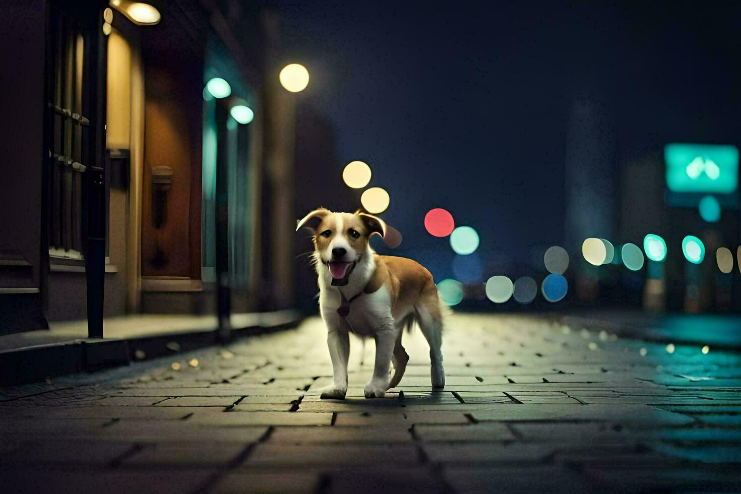 uma cachorro em pé em uma calçada portuguesa rua às noite. gerado por IA foto