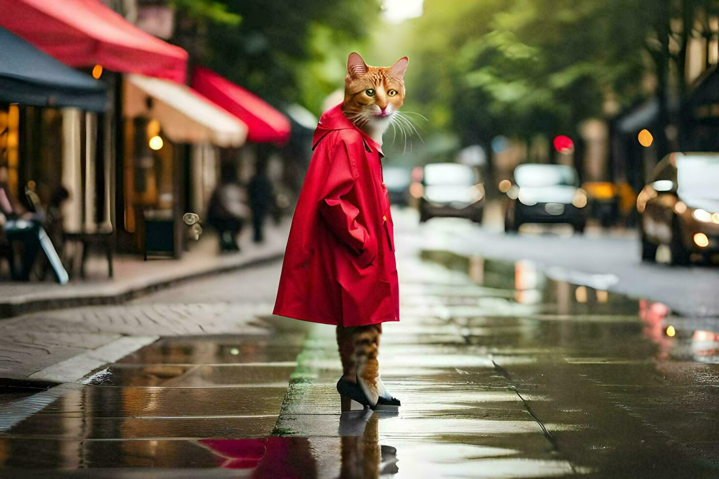 uma gato dentro uma vermelho casaco em pé em uma molhado rua. gerado por IA foto