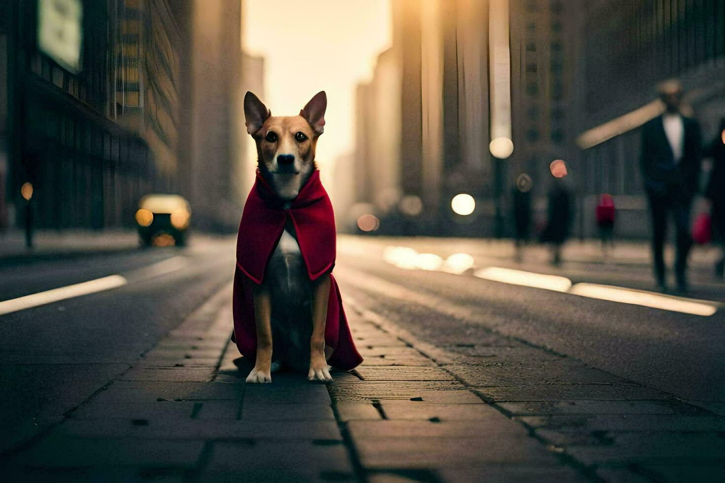 uma cachorro vestindo uma vermelho capa em a rua. gerado por IA foto