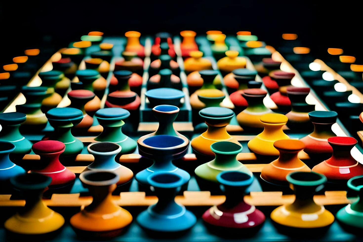 uma colorida conjunto do vasos em uma mesa. gerado por IA foto