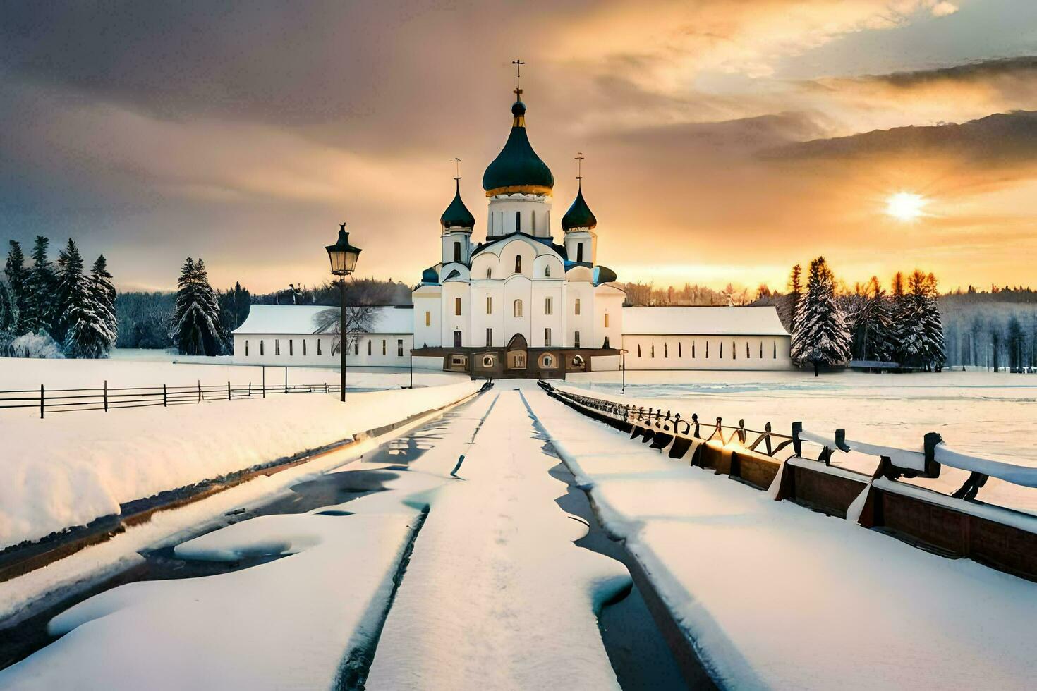 uma Igreja dentro a neve com uma Sol configuração atrás isto. gerado por IA foto